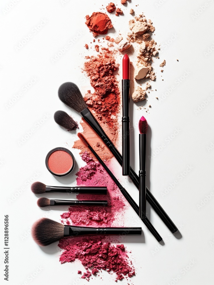 Aufkleber An array of makeup tools including brushes, lipsticks, and powders is artfully displayed on a white backdrop, inviting creative expression. Generative AI