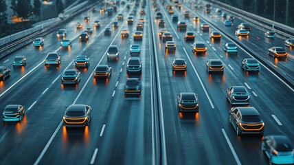 Autonomous vehicles navigating heavy traffic, seamless and advanced technology. Robotic cars