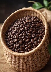 Fototapeta premium Coffee beans in a wicker basket with natural fibers, coffee processing, farm fresh produce, coffee drying