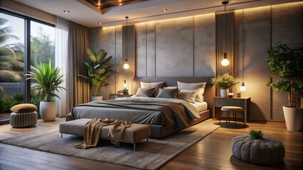 Fototapeta premium Cozy Night Photography of a Modern Bedroom Interior with Soft Lighting, Stylish Decor, and Warm Textiles Creating a Relaxing Ambience for Restful Sleep and Serenity