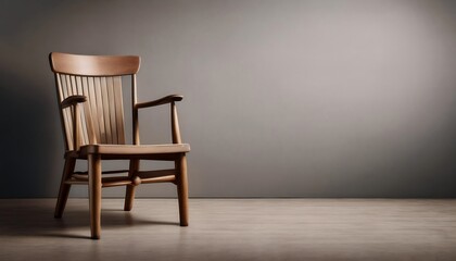 A wooden chair in a minimalist setting.