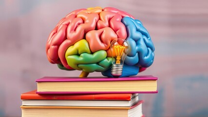 Colorful brain with a yellow bulb peeking out from behind a stack of colorful books, intellectual, bulb, bright