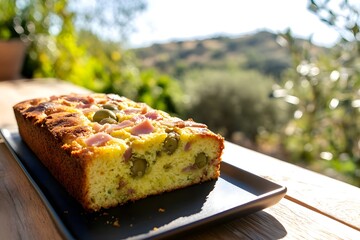 A French cake aux olives with lardons, sliced to reveal a moist yellow crumb, on a dark plate on a sunny terrace with garden and olive trees