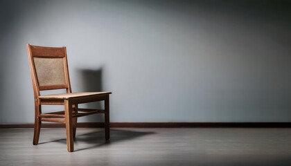 A solitary wooden chair in a minimalist setting.