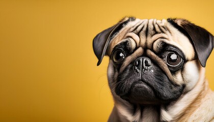 Obraz premium Close-up of a pug against a yellow background.