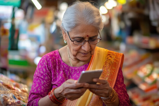 senior indian woman using smartphone