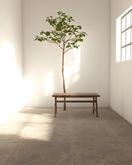 Minimalist interior with a tree and wooden table