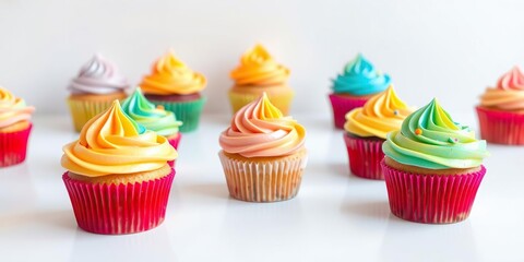 Colorful cupcakes on a white table against a light background with a subtle gradient effect, baked goods, party desserts