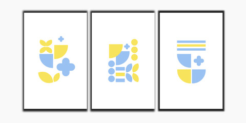 Set of three geometric wall art collection. Blue and yellow geometry wall decoration.