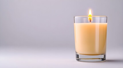 Elegant Candle Burning in Clear Glass Jar with Soft Yellow Wax on Gray Background for Calm Ambiance