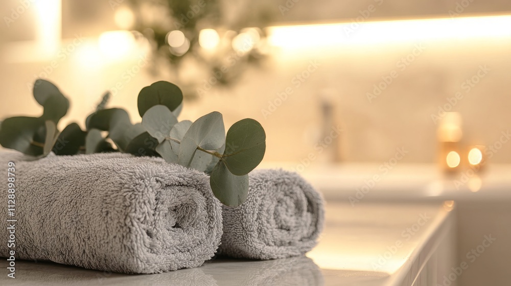 Aufkleber Soft gray towels are neatly rolled and placed on a counter alongside fresh eucalyptus, creating a calming and eco-friendly spa atmosphere perfect for beauty rituals and relaxation.