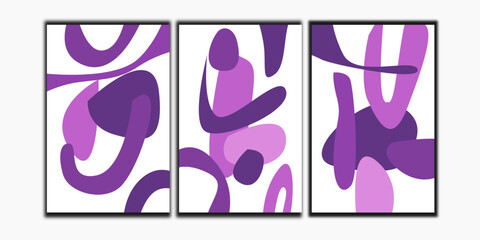 Set of 3 abstract organic shapes purple wall art. Mid century wall decoration poster.