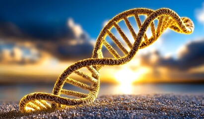 DNA Helix Structure in Golden Glow Against Scenic Sunset Over Water Surface
