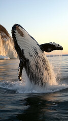 Fototapeta premium Humpback whale breaching near rocky coastline at sunset