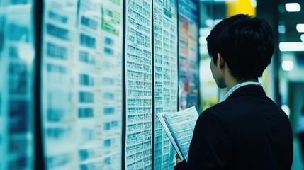 Person standing in front of a job listings board, scanning opportunities with a focused expression. The scene conveys the pursuit of career advancement and the search for meaningful employment.