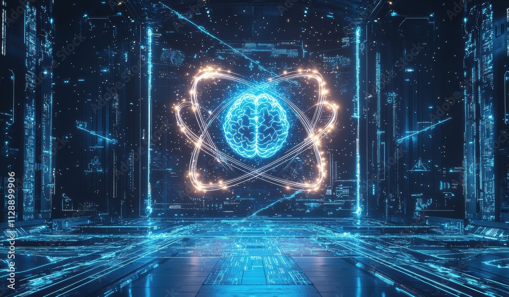 Poster futuristic digital brain with glowing circuits and neural network