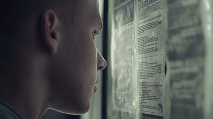 Person standing in front of a job listings board, scanning opportunities with a focused expression. The scene conveys the pursuit of career advancement and the search for meaningful employment.