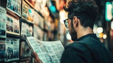 Person standing in front of a job listings board, scanning opportunities with a focused expression. The scene conveys the pursuit of career advancement and the search for meaningful employment.
