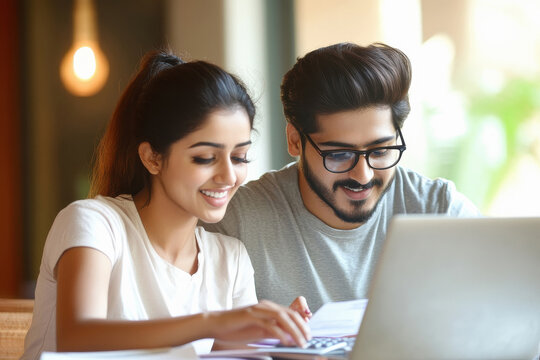 Indian modern couple looking at documents and using calculator, sitting in front of laptop on table in room