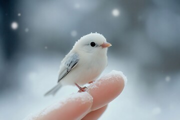 Obraz premium The smallest and cutest white bird with glossy black eyes perched on a fingertip, snow-covered background, soft light, and close-up angle 2