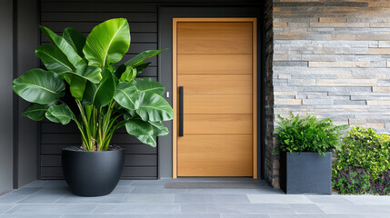 Elegant modern entrance with stylish wooden door and lush plants.