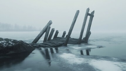 A collapsed dock at a frozen lake, with cracked wooden beams jutting into the icy surface under a pale winter sky