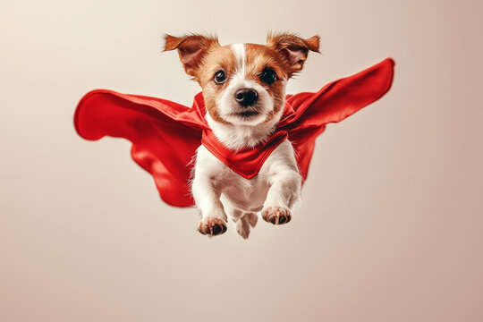 puppy dressed as a superhero, wearing a vibrant red cape and appearing to fly heroically in mid-air. The beige background emphasizes the dynamic pose and playful, uplifting theme
