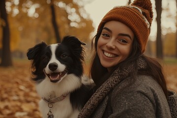 Smiling woman walking with a dog in a fall park, vibrant autumn leaves on the ground, ultra-realistic, 50mm lens, daylight, 4k resolution, close-up portrait 2