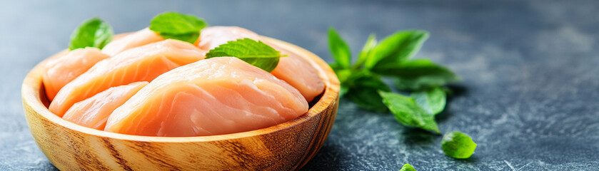 Fresh chicken fillets with basil leaves on a wooden bowl.