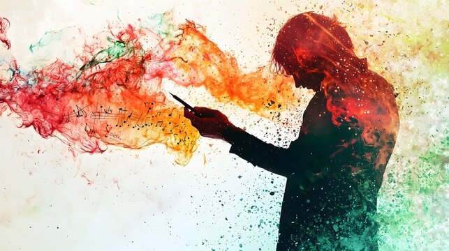 man holding a pen and jotting down notes, with an overlay of sound waves and musical instruments, symbolizing the influence of music in written expression and thought. [men's]:[NOTE , MUSIC] 