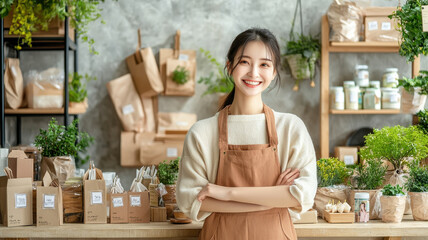 Cheerful shop owner in apron smiling at customers in local store