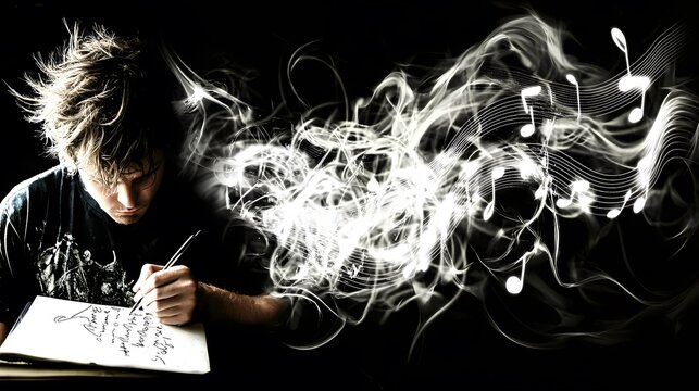 man with a focused expression, writing down lyrics in a notebook, while the page transitions into flowing musical notes, showcasing the connection between lyrics and melody. [men's]:[NOTE , 