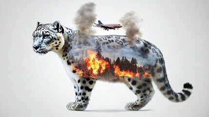 Obraz premium Double exposure image of a snow leopard with wildfire overlay addressing habitat destruction and climate change
