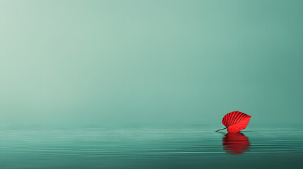 Red Leaf Floating on Calm Teal Water.