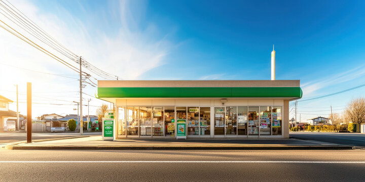 compact convenience store with clean exterior and bright sky