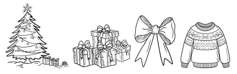 Christmas tree, set of gift boxes, big ribbon bow for decoration, and warm knitted sweater with christmas ornament isolated on white background. Hand drawn vector illustrations in doodle vintage style