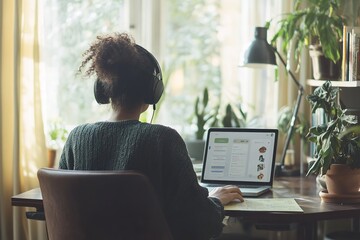 Person with headphones using laptop in cozy home office
