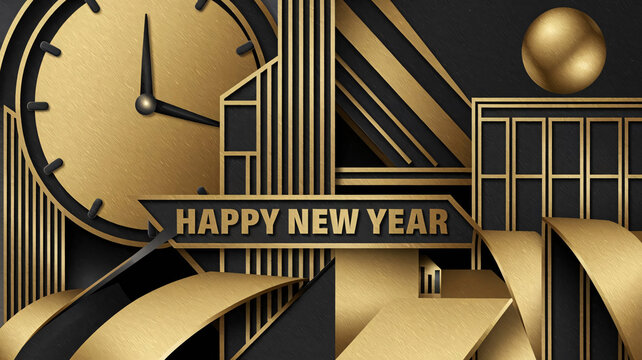 Elegant Art Deco Style New Year Celebration Design in Gold and Black