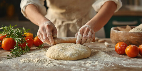 Fototapeta premium family cooking together in cozy kitchen, rolling dough with fresh ingredients