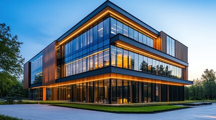 Fototapeta premium Modern architectural building with glass facade and illuminated design at dusk.