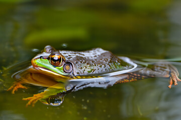 Fototapeta premium Frog floating pond with water and green grass. Frog a pond nature. A frog in the water of a river. Frogs in a pond in nature in the green river lifestyle.