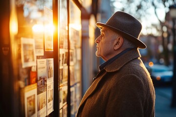 An elderly man with a hat, standing outdoors, looking thoughtfully at luxury property ads displayed on a vintage agency&rsquo;s glass window at sunset 2