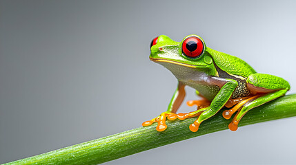Obraz premium A vibrant red-eyed tree frog perched on a green stem, showcasing its striking colors and intricate details against a soft background.