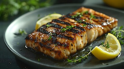 Expertly prepared black cod fillet features perfect grill marks and fresh garnishes, presented on gray ceramic plate with professional styling and moody atmospheric lighting.