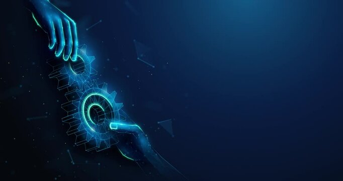 Abstract animation of two low poly hands approaching spinning gears. Synergy partnership and industry teamwork, service development and setup, tech support and maintenance concept by wireframe mesh