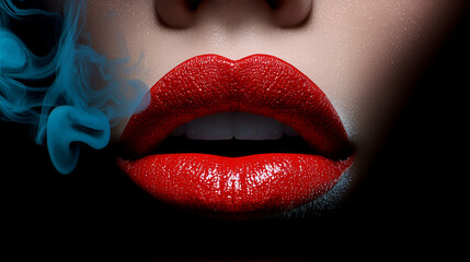 Fototapeta premium Luscious red lips with a smoky background create an alluring and mysterious atmosphere.