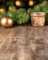 Rustic holiday decor with pine and golden ornament