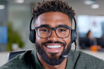 A close-up of an employee wearing a headset, assisting a customer on a call in a professional environment