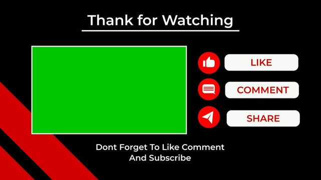 animation end screen video template outro card, thanks for watching reminder like comment subscribe with background color and chroma key 
