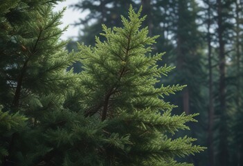 Obraz premium Evergreen coniferous tree with full and lush branches, christmas decorations, evergreen trees, pine trees